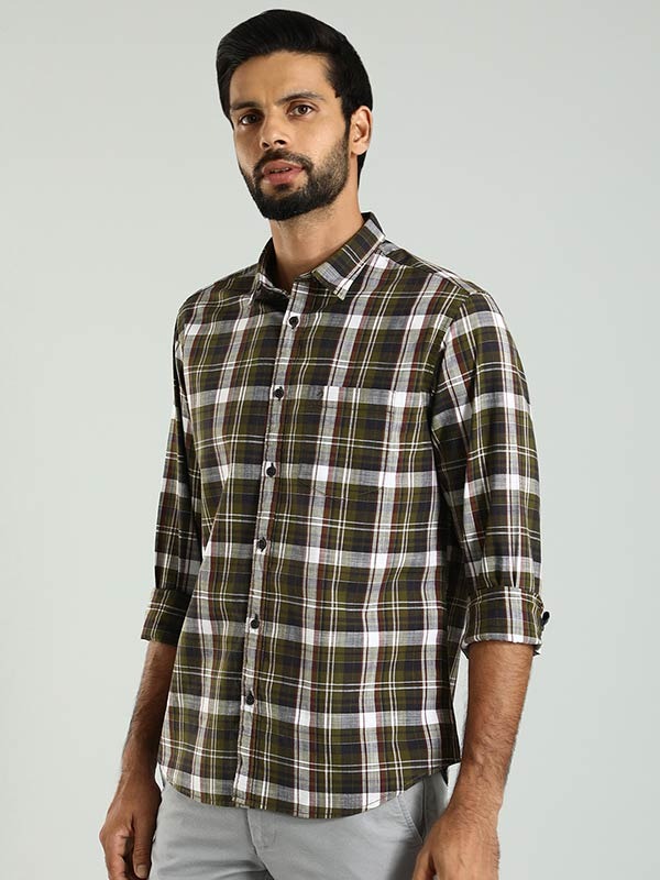 Indian Terrain Men's Regular Fit Full Sleeve Checkered Green Shirt